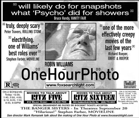 Ad for "One Hour Photo," starring Robin Williams, Connie Nielsen, Michael Vartan, Gary Cole, and Eriq La Salle. From The Philadelphia Inquirer; Sunday, September 8th, 2002, Section H Page 3. Gary Cole, Connie Nielsen, Michael Vartan, One Hour Photo, Robin Williams, Old Movies, Vanity Fair, Rolling Stones, Philadelphia