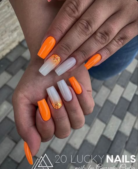 Nail Designs White, Trendy Summer Nails 2023, Neon Orange Nails, White Nails With Gold, Orange Acrylic Nails, Summer Nails 2023, Aqua Nails, Milky Nails, Wow Nails