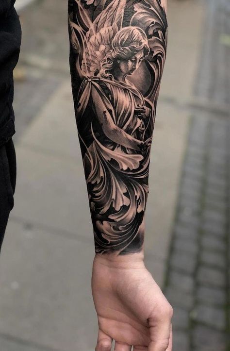 Religous Tattoo, Religious Tattoo Sleeves, Angel Sleeve Tattoo, Herren Hand Tattoos, Filigree Tattoo, Statue Tattoo, Men Tattoos Arm Sleeve, Forarm Tattoos, Forearm Sleeve Tattoos