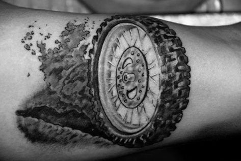 Rev up your fashion engines with the chivalrous firepower of a motocross Tire Track Tattoo, Tire Tattoo, Track Tattoo, Motocross Tattoo, Dirt Bike Tattoo, Poppy Tattoos, Bike Tattoo, Gear Tattoo, Helmet Tattoo