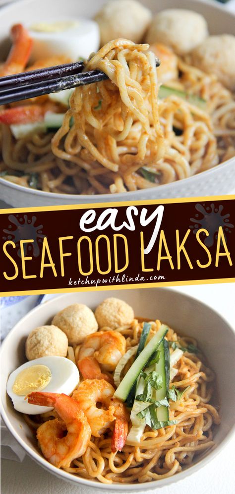 Slurp your way to happiness with this Seafood Laksa recipe! Laksa or spicy noodle soup is best served on cold winter nights. This flavorful comfort food dinner idea is fragrant, with a thick broth that is rich and spicy; surely a comforting dish for the whole family. Pin this recipe! Seafood Laksa Recipe, Crab Dinner Ideas, Easy Dinner For Kids, Seafood Laksa, Blackened Fish Recipes, Simple Fish Recipes, Easy Christmas Dinner Ideas, Spicy Noodle Soup, Crab Dinner