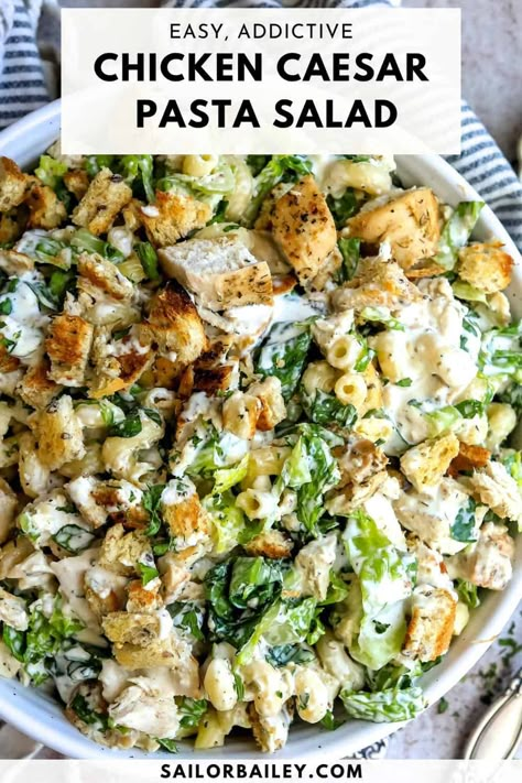 Chicken Caesar Pasta Salad is a summer favorite. Chilled pasta salad filled to the brim with juicy chicken and Caesar salad flavors. via @sailor_bailey Salad Recipes For Pasta Dinner, Caesar Salad Meal Ideas, Pasta Ceasar Salad Chicken, Healthy Chicken Caesar Pasta Salad, Pasta And Salad Recipes, Ceaser Pasta Salad Ideas, Chicken Caesar Pasta Salad Meal Prep, Filling Pasta Salad, Chicken Salad Recipe With Pasta