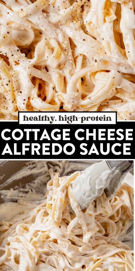 This cottage cheese alfredo comes together in 15 minutes or less and has the same rich and creamy texture as regular alfredo sauce. Skip the heavy cream and butter because this high protein sauce goes well with any pasta dish! It's the best easy, healthy recipe for a weeknight dinner. Healthy Cream Pasta Sauce, Healthy Cottage Cheese Alfredo Sauce, Healthy Cottage Cheese Pasta, Chicken Alfredo Cottage Cheese, Healthy Cream Sauce For Pasta, High Protein Chicken Alfredo Pasta, Cottage Cheese Pasta Sauce Recipes, Alfredo Sauce With Cottage Cheese, Creamy Cottage Cheese Recipes