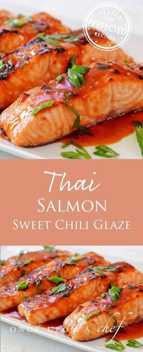 Broiled Salmon with Thai Sweet Chili Glaze #salmonrecipes #seafoodrecipes Seafood Snacks, Broiled Salmon, Baked Salmon Recipes, Salmon Dishes, Fish Dinner, Seafood Dinner, Grilled Salmon, Sweet Chili, Baked Salmon