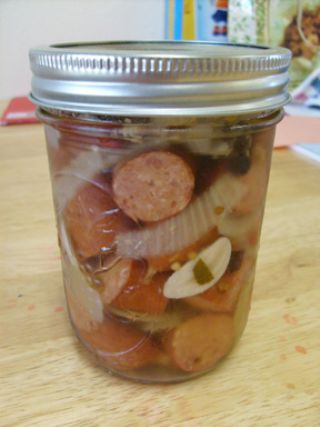 Pickled Hot Dogs or Sausages recipe - from the Our Favorite Recipes Family Cookbook Pickled Hot Dogs Recipes, Canning Hot Dogs, Pickled Hot Dogs, Pickled Hotdogs, Pickled Kielbasa Recipe, Pickled Wieners Recipe, Pickled Bologna Recipe, Pickled Sausage Recipe, Pickled Meat