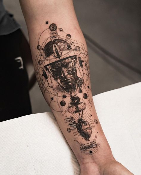 Arlen Bellotti Planet Tattoo, Dna Tattoo, Tattoos With Kids Names, Planet Tattoos, Geometric Tattoo Design, Space Tattoo, Hand Tattoos For Guys, Dot Work Tattoo, Music Tattoos