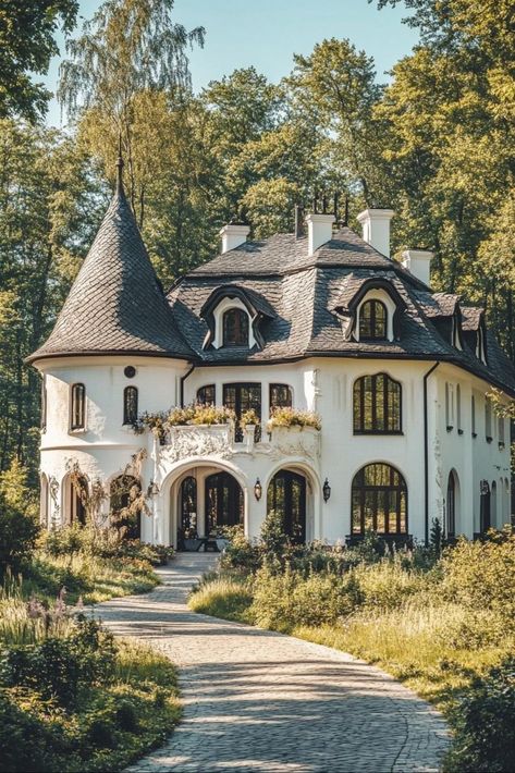 House With Turret Towers, Fairytale House Interior, Whimsical House, Fairytale Houses, Arched Doorways, House Castle, German Houses, Magical House, Fairytale House