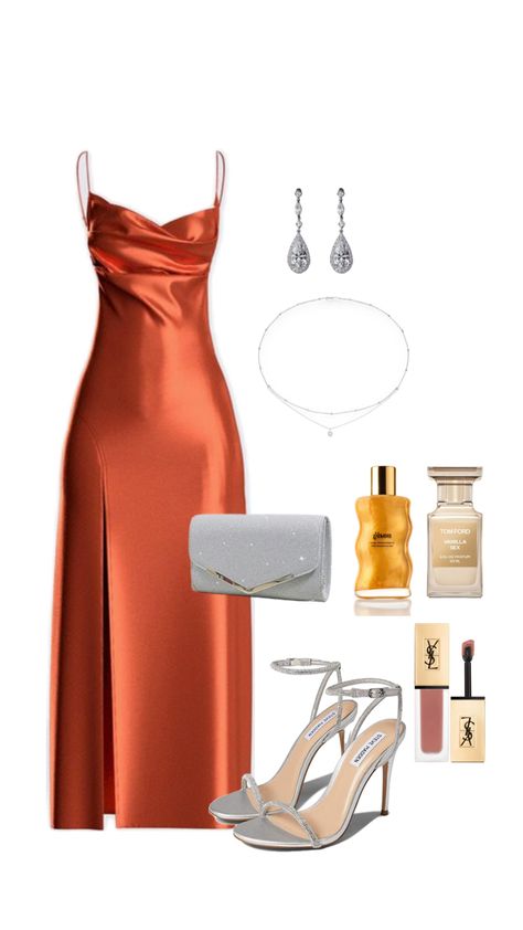 Classy dinner outfit with orange dress and silver assesories Fancy Date Night Outfit Dresses, Fancy Dinner Outfit Classy, Dinner Gowns Classy Style, Dinner Gowns Classy, Heels Outfits Dress, Orange Satin Dress, Satin Dress Outfit, Dinner Outfit Classy, Dinner Date Outfit