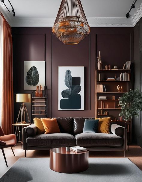 Rich Color Palette Moody Room Color Palette, Moody Pink Living Room, Moody Home Color Palette, Chocolate Brown Living Room Ideas, Living Room Inspiration Color Schemes, Color Drenching Interiors, Brown Living Room Paint, Dark Living Room Aesthetic, Moody Academia