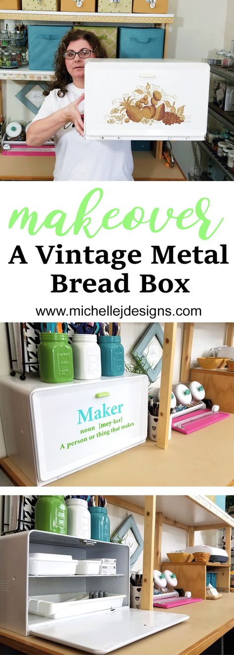 Upcycling and repurposing old items is one of my favorite things to do. This post will show you how I made over a vintage metal bread box with paint and some vinyl cut on my Silhouette Cameo. - www.michellejdesigns.com - #michellejdesigns #repurposeit #thriftstoreupcyle #DIY #StyleTechCraft Vintage Bread Boxes, Thrift Store Upcycle, Diy Porch, Upcycle Decor, Bread Box, Bread Boxes, Repurposed Items, Diy Decor Crafts, Upcycle Projects