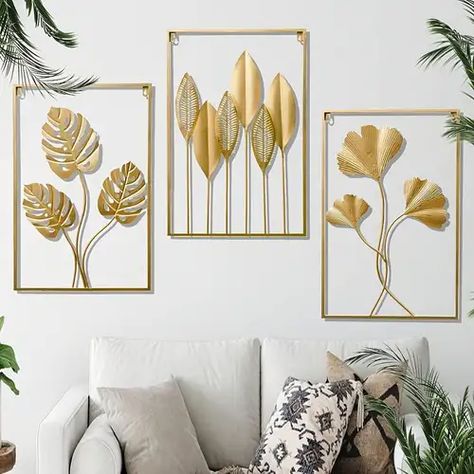 Gold Metal Wall Art, Nordic Lights, Gold Wall Art, Leaf Wall, Metal Wall Hangings, Leaf Wall Art, Interior Modern, Metal Wall Art Decor, Wall Decor Set