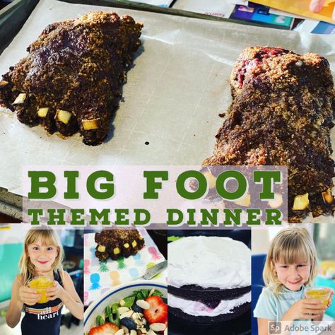 Fun Big foot movie themed dinner including drinks and dessert. Bigfoot Food Ideas, Bigfoot Party Food, Big Foot Party Ideas, Theme Dinners, Bigfoot Party, Bigfoot Birthday, Harry And The Hendersons, Theme Snack, Movie Food