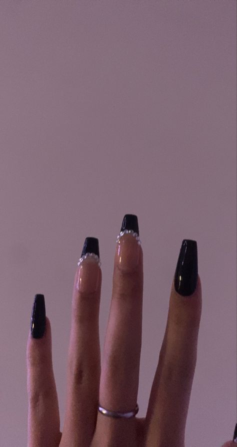 Black Fake Nails Acrylics, Acrylic Nails Ideas Ballerina Medium, Nails Acrylic For Black Dress, Prom Acrylics Coffin, Nails Acrylic Concert, Coffin Shape Nails Designs Black, Black French Tip Nails With Gems Almond, Simple Black Nail Inspo Short, Coffin Shape Nails Medium Length