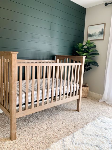 Nursery With Dark Accent Wall, Shiplap Wallpaper Nursery, Brick Accent Wall Nursery, Grey Room With Green Accent Wall, Shiplap Wall Green, Dark Green Nursery Wall, Green Black Nursery, Grey Walls With Green Accent Wall, Wood Trim Nursery