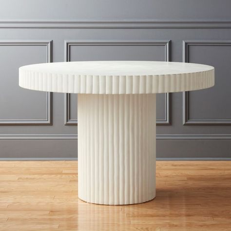 Circle Furniture Design, Round Scalloped Table, Ribbed Dining Table, Ribbed Furniture, Scallop Table, Cb2 Dining, Scalloped Table, Table Circle, Rustic Outdoor Furniture