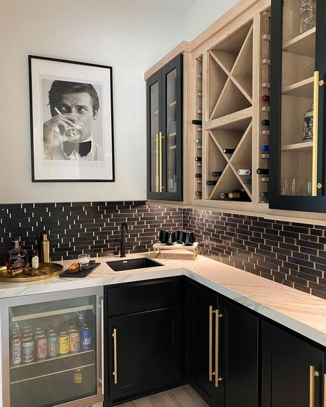 Karon | Modern Farmhouse on Instagram: “#ad Bar backsplash reveal! When I recently shared all of the information on my countertops, I was surprised by the amount of messages I…” L Shape Wet Bar, L Shaped Wet Bar, Corner Basement Bar, Corner Wet Bar Ideas, Corner Dry Bar Ideas, Corner Bar Ideas For Home, Basement Dry Bar Ideas, Room Bar Ideas, Corner Wet Bar