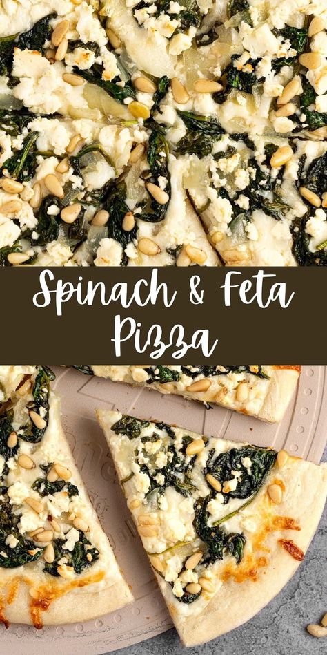 Pizza With Feta Cheese, White Spinach Pizza, Spinach Feta Pizza, Spinach On Pizza, Chicken And Spinach Pizza, White Pizza Recipe With Ricotta And Spinach, White Chicken Pizza, Healthy Pizza Toppings, Gourmet Pizza Recipes