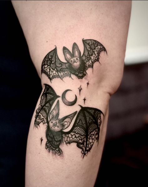 Bat Chest Piece Tattoo Female, Bat Above Knee Tattoo, Flower Bat Tattoo, Bat And Spider Tattoo, Bat Neck Tattoos Women, Goth Mom Tattoo, Batty Koda Tattoo, Gothic Lace Tattoo, Bat Elbow Tattoo