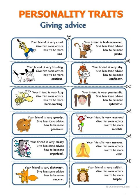 Personality traits - Giving advice - English ESL Worksheets for distance learning and physical classrooms Character Traits Worksheet, Character Trait Lessons, Ingles Kids, Speaking Activities English, Character Trait Worksheets, Speaking Cards, Character Worksheets, Character Personality, Conversational English