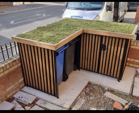 Bike Storage Front Garden, Outdoor Garbage Storage, Outdoor Bike Storage, Bike Shelter, Bin Shed, Green Storage, Wooden Cladding, Shelter Design, Exterior Wall Design