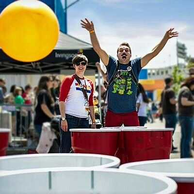 Giant beer pong, painted trash cans Giant Beer Pong, Painted Trash Cans, Pong Game, Beer Pong, Beer Festival, Block Party, Adult Games, Creative Ideas, Carnival