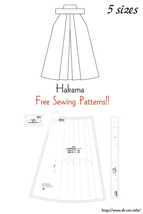 This is the pattern of a Hakama. cm size(A4 size) Ladies'-S,M,L,LL/Men's-L Skirt Pattern Free Sewing, Sewing Pattern Pieces, Kimono Sewing, Kimono Sewing Pattern, Pattern Free Sewing, Cosplay Sewing, Diy Kimono, Hakama Pants, Skirt Pattern Free