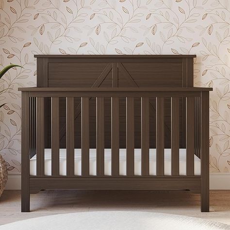 Child Craft Woodland 4-in-1 Convertible Crib, Baby Crib Converts to Day Bed, Toddler Bed and Full Size Bed, 3 Adjustable Mattress Positions, Non-Toxic, Baby Safe Finish (Brushed Truffle) Baby Cribs Furniture Bed Bath & Beyond, Farmhouse Nursery Dark Furniture, Dark Oak Nursery Furniture, Nursery Furniture Sets Bed Bath & Beyond, Dark Wood Crib And Dresser, Brown Nursery Furniture, Cottagecore Nursery, Bed Day, Shiplap Paneling