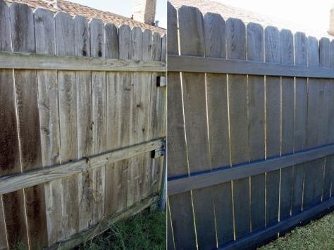 Painted Wood Fence, Fence Paint Colours, Grey Fences, Fence Stain, Concrete Patios, Hgtv Garden, Old Fences, Front Yard Fence, Cedar Fence