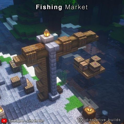 Fishing Building Minecraft, Fishing Market Minecraft, Minecraft Fishing Dock Aesthetic, Fishing Town Minecraft, Minecraft Medieval Fishing Hut, Minecraft Fish Market, Minecraft Harbor Ideas, Minecraft Fishing Village, Minecraft Market Ideas