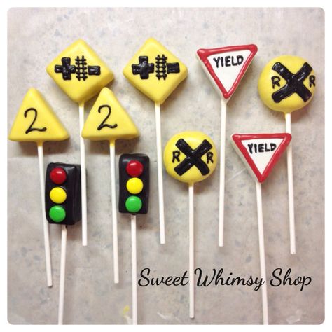 10 Railroad Sign Cake Pops for train by SweetWhimsyShop on Etsy Train Cake Pops, Train Desserts, Truck Cake Pops, Train Baby Shower Theme, Cars Cake Pops, Cake Pops Birthday, Monster Truck Cookies, Train Cupcakes, Thomas The Train Birthday Party