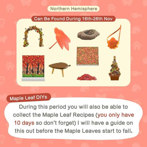 Acnh Seasonal Items, Acnh Autumn Leaves Code, Maple Gift Guide Acnh, Acnh Fall Items, Acnh Fall Leaves, Acnh Autumn Leaves, Acnh Fall Island Names, Nintendo Switch Animal Crossing, Leaf Animals