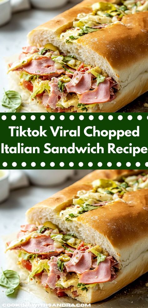 Try this easy-to-make chopped Italian sandwich, combining classic ingredients like ham, tomatoes, and olives. It's a refreshing, hearty meal that’s great for picnics or quick weeknight dinners. Italian Sandwich Recipe, Chopped Italian Sandwich, Ham Sandwich Recipes, Italian Sandwich Recipes, Picnic Sandwiches, Homemade Sandwich, Italian Sandwich, Picnic Essentials, Supper Ideas