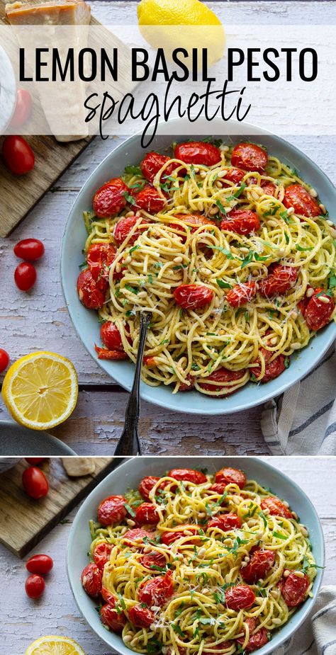 Lemon Basil Pesto Recipe, Pasta With Pesto And Tomatoes, Lemon Basil Recipes, Basil Pesto Pasta Recipes, Pesto Dinners, Summer Italian Recipes, Pesto Recipes Dinner, Basil Pesto Spaghetti, Lemon Pesto Pasta