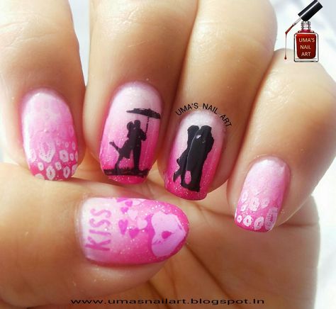 Kiss Day Nail Art, Hug Day Nail Art, Silhouette Nails, Kiss Day, Couple Silhouette, Valentine's Week, Valentines Nails, Kiss, Nail Inspo