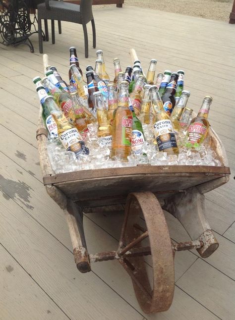 Beer wheel barrow Beer Barrow, Wheel Barrow, June Wedding, Pallet Table, Outdoor Living, Modern Design, Wedding Ideas, Beer, Wheel