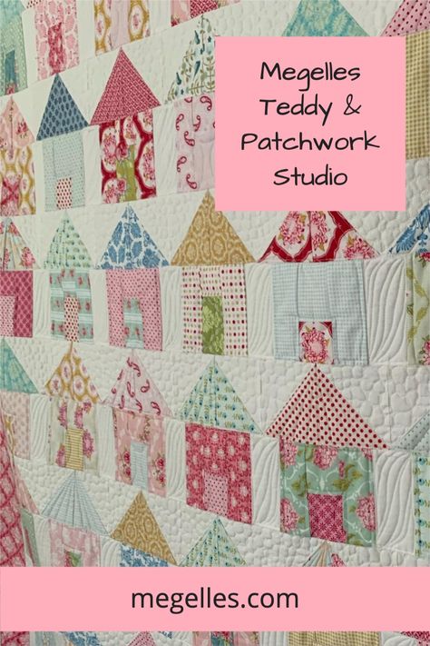 Fun quilt to make from left over fabrics. Here is a video of how I made it. The pattern sheet is also available Quilted Houses Pattern, Doll Quilt Patterns Free, House Quilt Patterns Free, Tilda Quilts, Sewing Cupboard, Wonky Houses, Quilts To Make, Liberty Quilt, Tilda Fabric