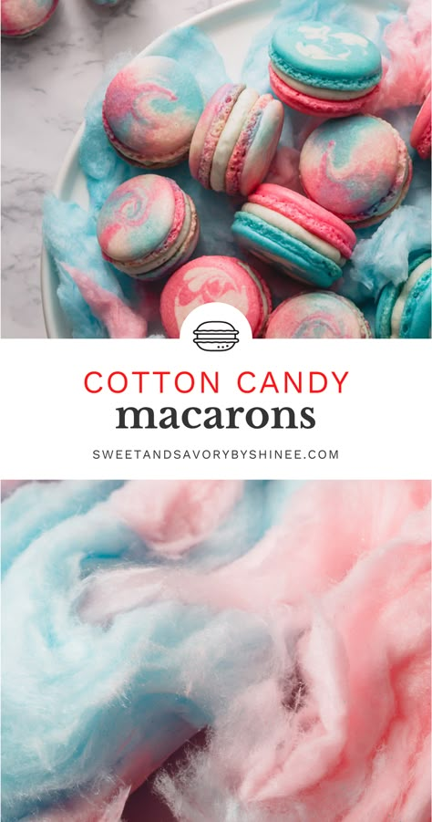 Desert Flavor Combinations, Cool Macaron Flavors, Cotton Candy Meringues, Cotton Candy Macarons Recipe, Cinnamon Toast Crunch Macarons, Cotton Candy Buttercream, Fun Macaron Shapes, Macaroons Recipe Christmas, Easter Macarons Flavors