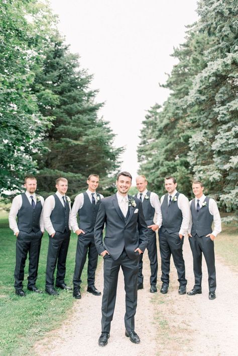 Dark Grey Suit Men Green Tie, Matching Bridesmaids And Groomsmen, Grey Vest Groomsmen, Groomsmen Vest Only, Groomsmen In Vests, Groomsman Vest, Barn Reception Ideas, Dark Grey Groomsmen, Groomsmen Attire Grey