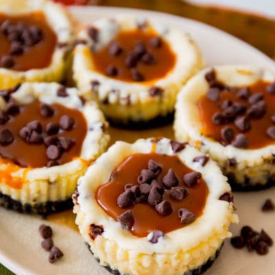 Salted Caramel Chocolate Chip Cheesecakes @keyingredient #cheese #chocolate #caramel #dessert #cheesecake Dolci Finger Food, Homemade Salted Caramel, Salted Caramel Cheesecake, Mini Cheesecake Recipes, Cookie Base, Oreo Cookie Crust, Chocolate Chip Cheesecake, Salted Caramel Chocolate, Caramel Chocolate