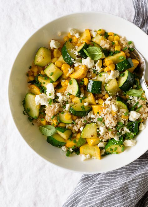 Summer Squash Grain Salad with Corn and Feta from forkknifeswoon.com on foodiecrush.com Summer Produce Recipes, Bbq Side Dish Recipes, Salad With Corn, Quick Pasta Dishes, Bbq Side Dishes, Bbq Side, Quick Pasta, Grain Salad, Bbq Sides