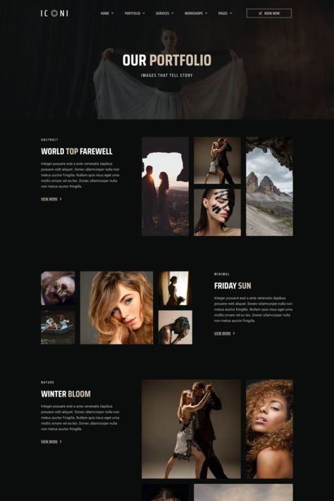 The Iconi template kit for Elementor is a creative dark photography template based on WordPress. A specialized portfolio and photographic studio template kit designed specifically for professional photographers and agencies. Dark Website Design, Dark Website, Portfolio Website Inspiration, Photographer Website Design, Photography Portfolio Template, Ui Ux Website Design, Ux Website Design, Photography Portfolio Website, Real Estate Website Design