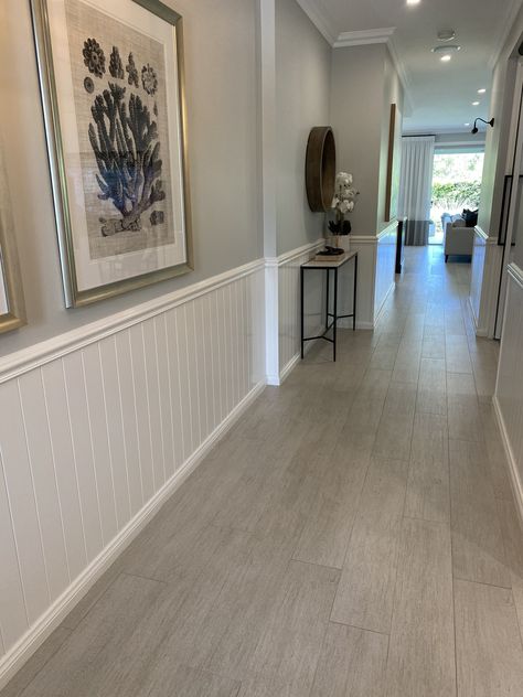 Entry Hallway Panelling, Modern Hallway Panelling, Living Room Trim Ideas, Hallway Cladding, Wood Panelling Walls Hallway, Half Wood Panel Walls, Wainscoting Styles, Hallway Colours, Living Room Transformation