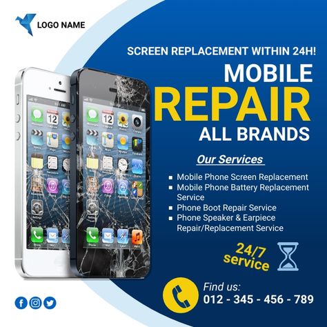 Phone Social Media Design, Mobile Service Poster, Phone Repair Shop Design, Cell Phone Repair Shop Design, Phone Repair Flyer, Mobile Phone Repair Poster, Cell Phone Store, Broken Phone, Phones For Sale