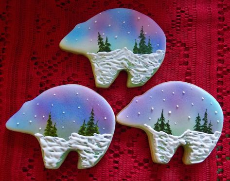 Northern Lights Cake, Airbrushed Cookies, Art Cookies, Cookie Recipes Decorating, Christmas Sugar Cookies Decorated, Winter Cookies, Decorative Cookies, Amazing Cookies, Cookie Cake Pie