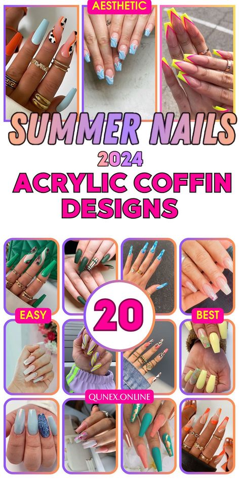 Elevate your summer style with acrylic coffin nails in 2024! Whether you're into cute summer nails acrylic coffin pink designs or prefer bold and fun blue options, there's a trendy look waiting for you. Try long teal styles for added flair! Summer Nails Acrylic, Summer Coffin Nails, Short Summer Nails, Coral Nail Polish, Neon Yellow Nails, Sky Blue Nails, Nails Acrylic Coffin, Aqua Nails, Pink Designs