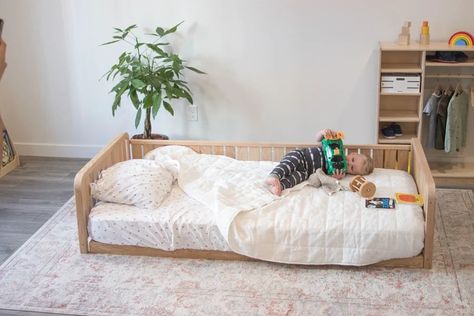 Sosta Bed ✨ #toddlergames #toddlers #toddlertoys #firstbirthday #firstbirthdayideas #nurserydecor #nursery #babyroom #babyroomdesign #kidsroom #toddlerroom #montessory #woodentoys #firstbirthdayparty #kidsofinstagram #playroomdecor #woodentoys #imagineplay #playroomdecor #playroomdesign #toddlerapproved #activitiesforkids #education #stemforkids Floor Bed Toddler Boy Room, Toddler Full Size Bed Ideas, Low Floor Bed, Wooden Toddler Bed, Floor Bed Toddler, Room Sharing, Modular Bed, Low Profile Bed Frame, Kid's Bed