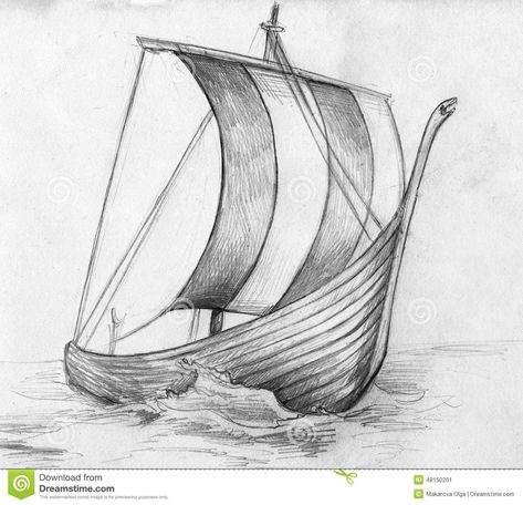 Viking Ship Drawing, Viking Boat Tattoo, Trumpet Drawing, Viking Pencil Drawings, Viking Ship Painting, Viking Boat Drawing, Norwegian Crafts, Viking Ship Tattoo, Living Room Canvas Painting