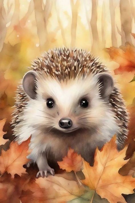 Hedgehog Watercolor, Autumn Hedgehog, Hedgehog Drawing, Autumn Animals, Woodland Animal Art, Animal Illustration Art, Watercolor Nursery, Animated Animals, Hedgehog Art