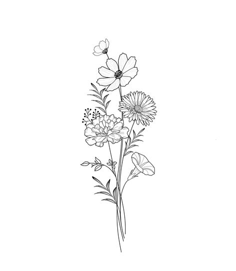 6 Flower Bouquet Tattoo, Bouquet Of Flowers Fine Line Tattoo, April Wildflower Tattoo, Flower Bouquet Tattoo Stencil, Dahlia Tattoos, Zinnia Flowers Tattoo, Fine Line Bouquet Tattoo, Small Flowers Tattoo, Daisy Bouquet Tattoo