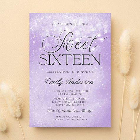 Lavender Purple Sparkle Sweet 16 Invitation #zazzle #weddinginvitations #birthdayinvitations #babyshowerinvitations #zazzleinvitations #monogram #businesscards #graduation #homedecor 16 Birthday Invitation Template, Sweet 16 Invitation Ideas, Purple Sweet 16, Table Decor Party, Rapunzel Birthday Party, Rapunzel Birthday, Extra Money Ideas, 16th Birthday Invitations, 16 Invitations